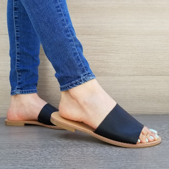Shoes - faux Leather Slip on Slider Black Flat Sandals-D